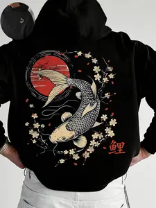 Men's Japanese Koi Fish Hoodie, Sakura & Sun Print, Soft Comfortable Fabric, Casual Street Style, Fall & Winter Fashion, Streetwear
