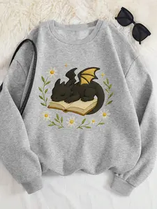 Women's Fantasy Dragon Book Pattern Crewneck Sweatshirt, Floral Starry Night Design,  Soft Round Neck Long Sleeve Casual Everyday Sweater For Book Lovers & Dragon Enthusiasts, Womenswear
