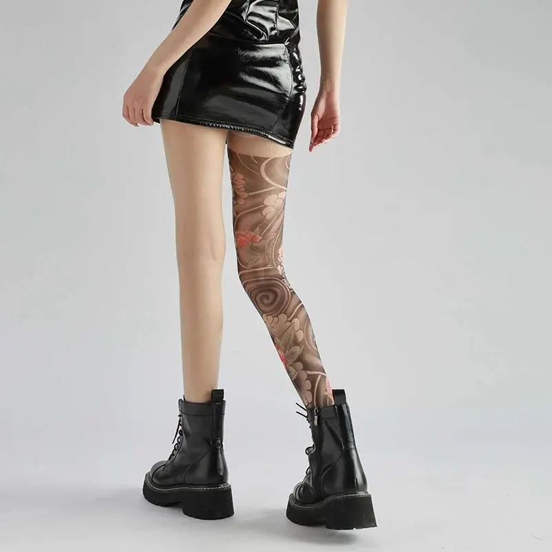 Women's Fashion Thin Peony Graphic Fake Tattoo Full Leg Stockings - 1 Pair Stockings, Female-Fit, Breathable Mesh Nylon Pantyhose, Anti-Slip Grip, Scale Print, Casual Sexy Look, One Size, A2, A3, A6