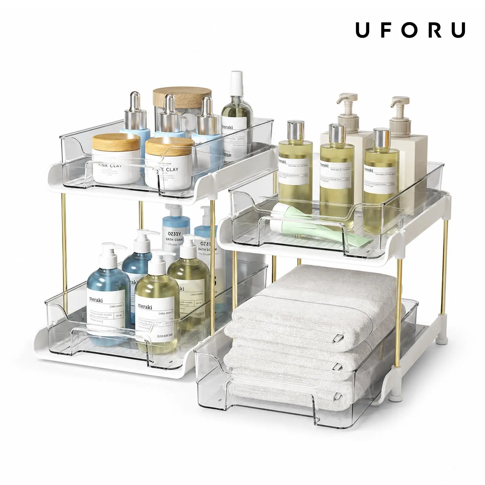 UFORU Adjustable Double-Layer Multifunctional Bathroom Vanity Storage Set - Bathroom Counter Organizer, Stackable Kitchen Cabinet & Pull-Out Medicine Organizer, Multilayer Unit Home Storage Holder