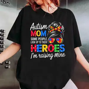 Autism Mom Messy Bun Autism Awareness Graphic T Shirt, Autism Awareness Month Sweatshirt, Gift For Mother Day, Unisex Sweater Pullover Tee