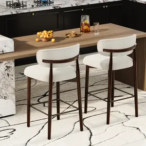 Set of 2/4 Upholstered Bar Stools – 26" Counter Height with Wood Legs, Linen Fabric, Curved Back, and Metal Footrest – Ideal for Kitchen Island, Dining Room, or Pub