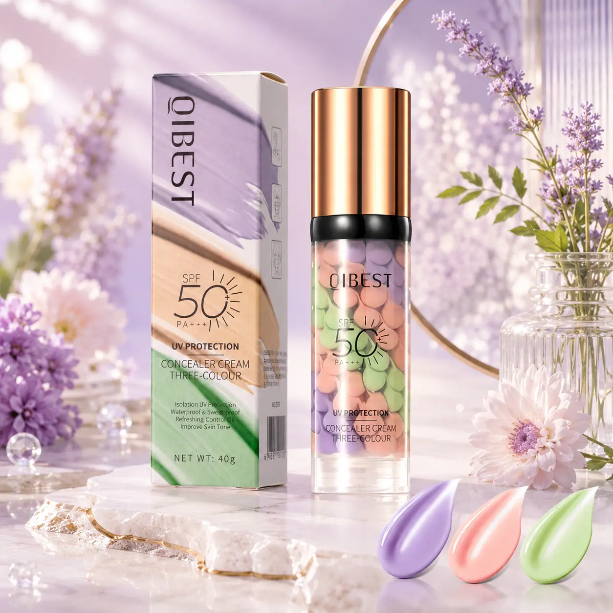 Three-Color Protective Isolation Cream with SPF 50 Coverage, Brightening & Oil-Control Moisturizer for Color Correction, Waterproof & Sweatproof Makeup Base,Pore-Blurring, Luminous Even Skin Tone, Moisturizing Primer