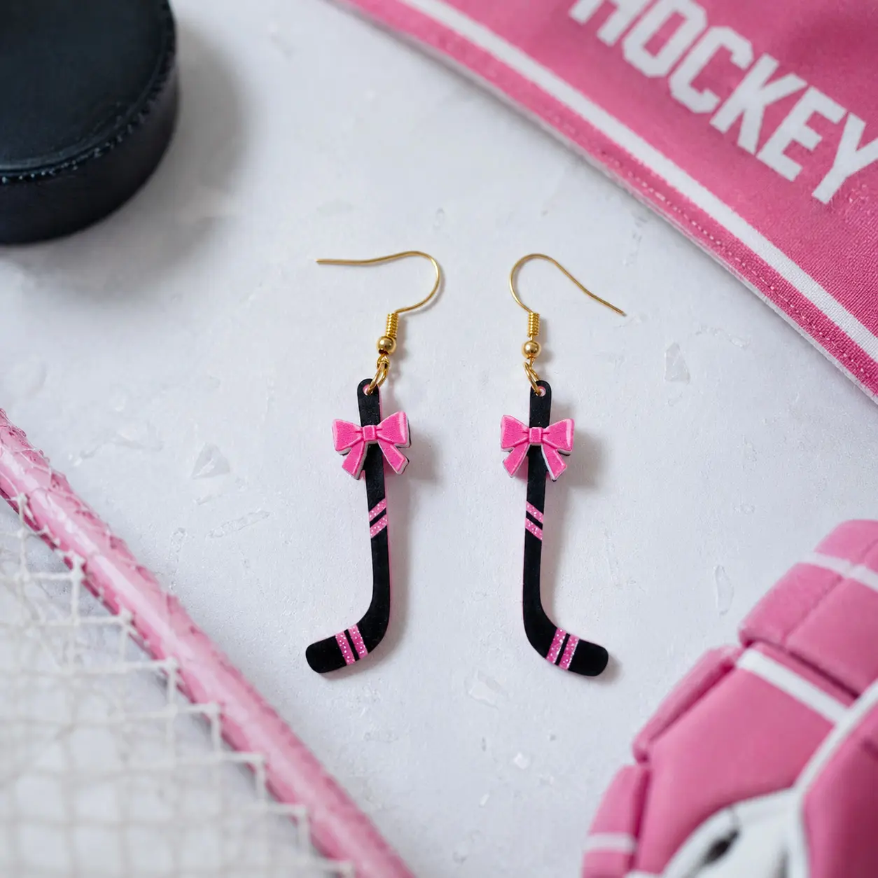 Women's Plastic Acrylic Ice Hockey Stick Dangle Drop Earrings - Female College Campus Merch, Game Day, Casual All Year Fashion Costume Jewelry