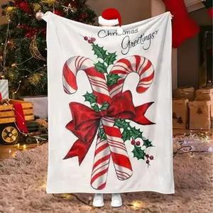 Of Candy Cane With Red Bow Pattern Printed Flannel Blanket Shawl Blanket, The Candy Cane Pattern Printed Blanket Looks Cute, Super Soft, Warm And Comfortable To Touch - A Suitable Gift For Christmas, Very Suitable For Home, Travel And Office