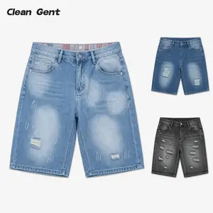 Clean Gent men’s straight-leg ripped loose-fit denim shorts with an inner patch at the waistband; cotton fabric for comfort, casual summer street style, suitable for everyday wear and outdoor activities.
