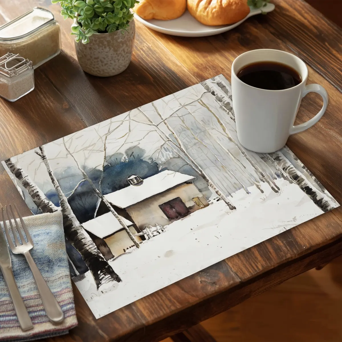 360 Stand Rectangular Polyester Tableware Placemats - 14x18 in, Small Winter Barn Design, Aesthetic Stylish, Easy Clean, Household Placemat for Kitchen Decor & Holiday Use, Cozy Home Decor Set of 6, Kitchen Decorative Placemat