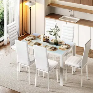 [2 Packages Shipping]7-Piece Glass Dining Table Set, Accommodates 6 With PU Leather Chairs, Modern Room Sets For Your Home, Kitchen, Living Room White Door Wardrobe