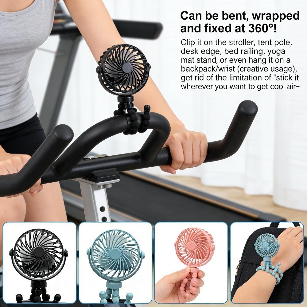 USB Rechargeable 360° Rotating Octopus Fan - Flexible Tripod, USB Rechargeable, Multi-Speed Cooling with Night Light
