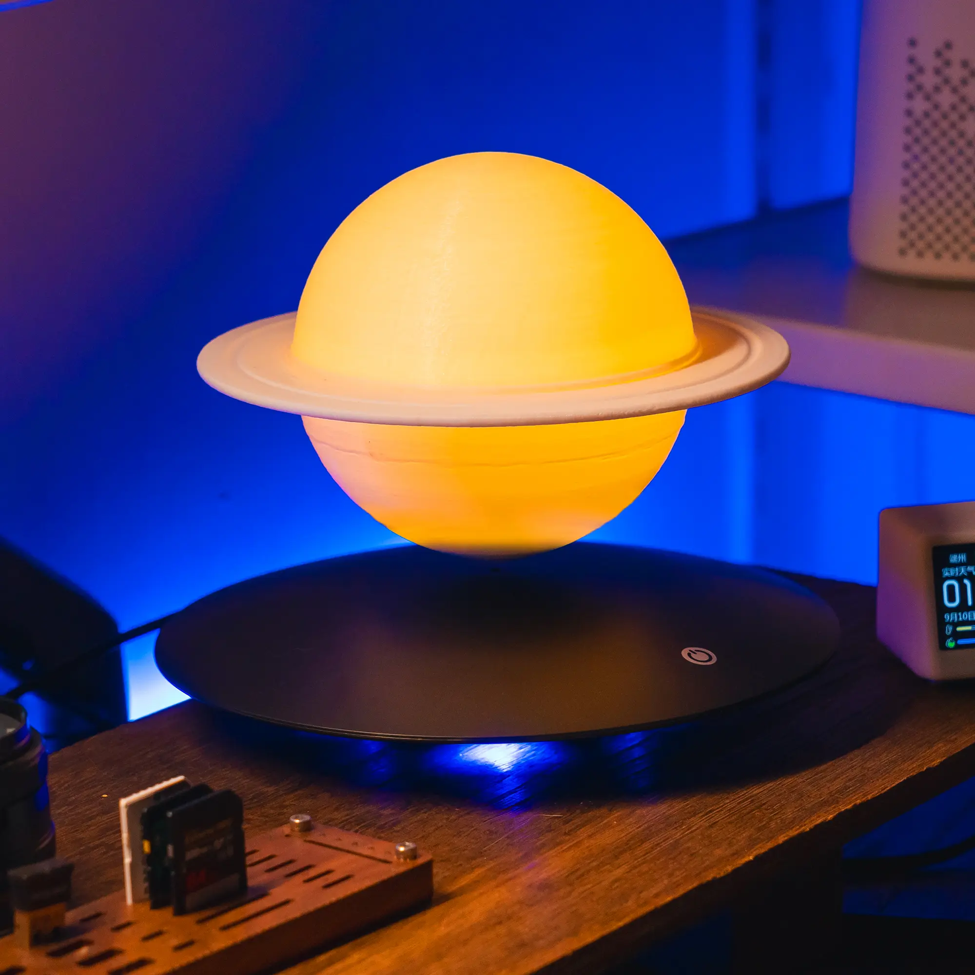 Magnetic Levitation UFO Base LED Night Light, 3D Printed Saturn Moon Floating Lamp, Futuristic Low Voltage Home Decor, Versatile Use for Nightstand, Bedside Table Top, Holiday Gift for Office Bedroom