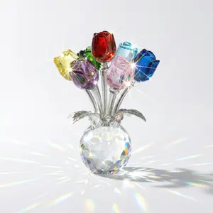 Colorful Rose Flower Crystal Figurinewith Vase Bouquet K9 CrystalHandmade Ornament for WifeGirlfriend Women Home Table DecorValentine's Day Wedding Anniversary Gift