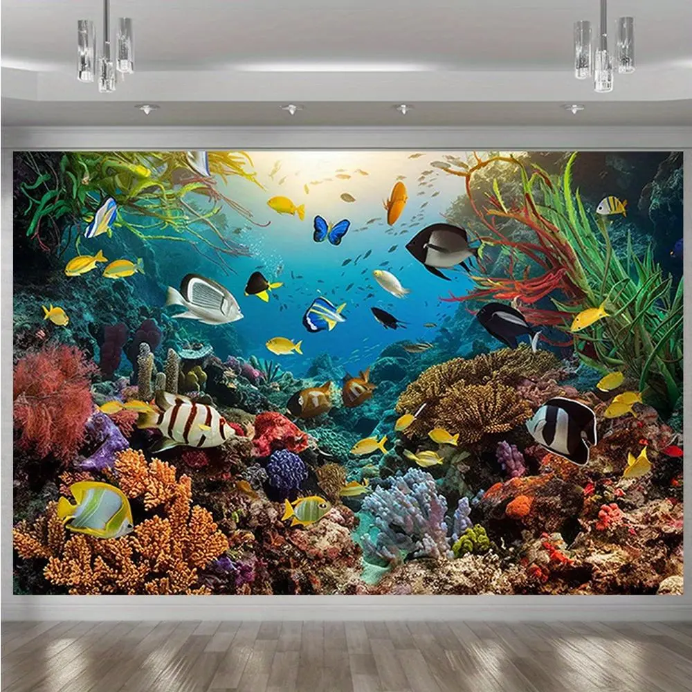 1pc Modern Farmhouse Print Indoor Aquarium Banner - Amber Glow Polyester Photo Backdrop with Marine Coral Fish, Decorative Bright Colors for Home Decor, Party Celebrations