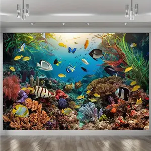 1pc Summervibes Modern Farmhouse Oceanic Aquarium Scene Party Banner - Amber Glow Polyester Photo Backdrop with Underwater Marine Coral Fish, Bright Colors for Home Decor, Birthday Celebrations