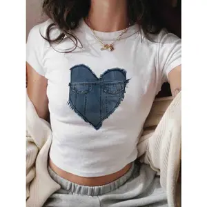 Denim Heart Graphic Crop Tee Womens Short Sleeve Fitted Soft Stretch Cute Casual Y2K Streetwear Top For Summer Outfits Going Out