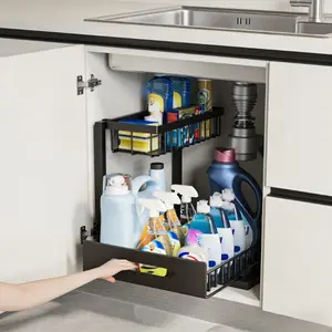 Double-Layer Metal Sliding Drawer Storage Box, Expandable Design Fits Under Sink, Thick Material Durable, Simple Style for Kitchen Bathroom Fridge Closet