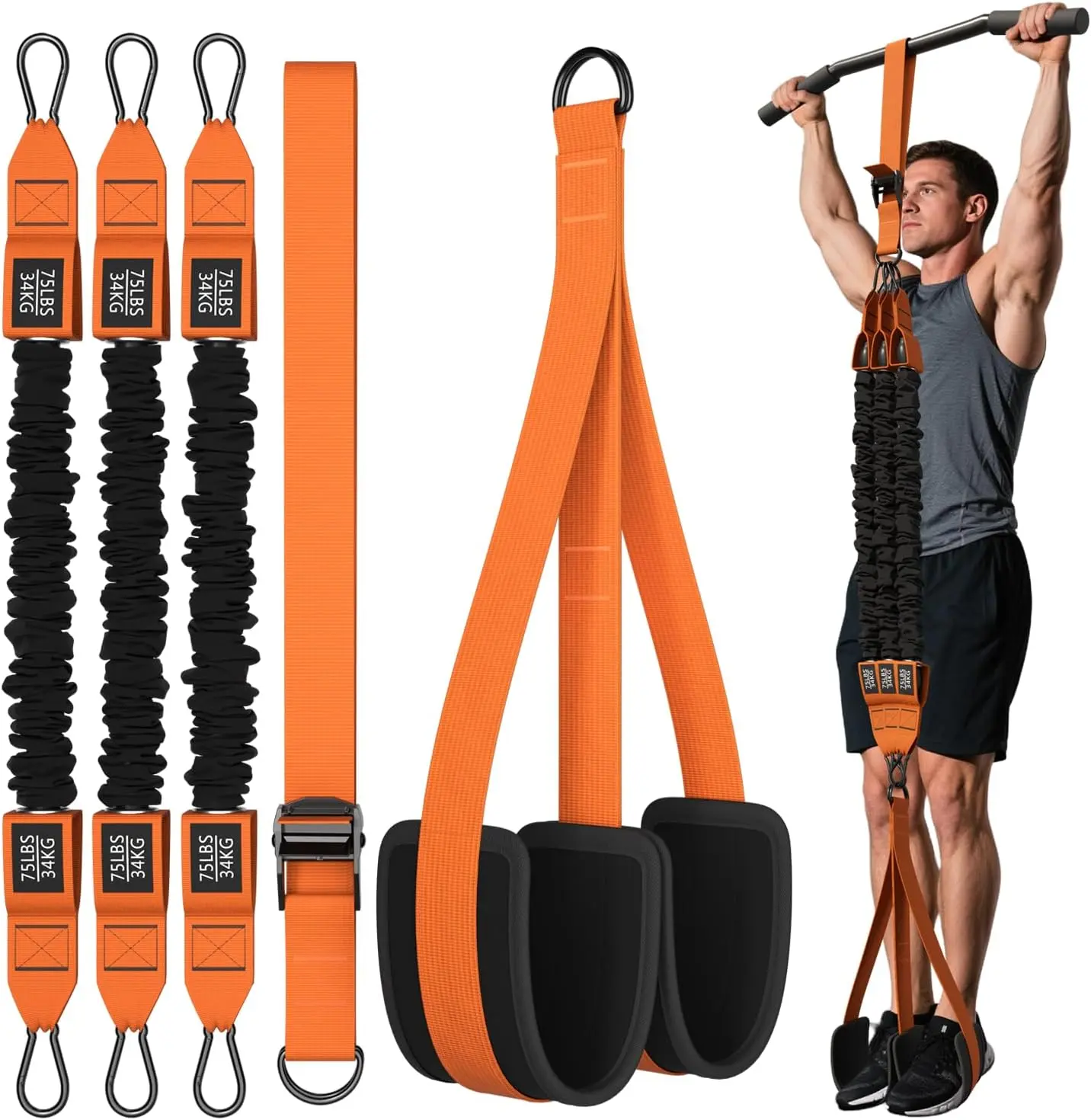 Pull-Up Assist Resistance Bands System with Adjustable Nylon Straps, Heavy Duty with 75-225lbs Assistance for Home Gym Strength Training and Calisthenics, Bodybuilding Resistance Bands