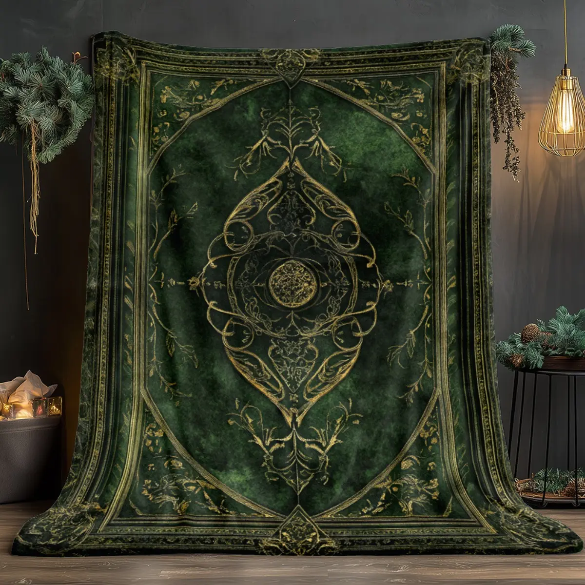 Dark Green Ornate Book Style Throw Blanket, Intricate Retro Flannel Print for Sofa and Reading Nook, Vintage Library Room Accent with Decorative Cover Art, Birthday Housewarming Gift for Book Lovers, Writers and Gothic Decor Fans