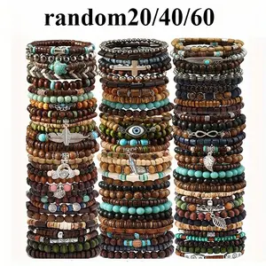 Random 20/40/60 PCS Women's Bohemian Style Fashionable Wooden Beaded Bracelets & Couple Bracelet Sets & Hand Strings, Handmade Beaded Chain Set - Ideal for Daily Wear & Travel Vacations, A Must-Have Accessory