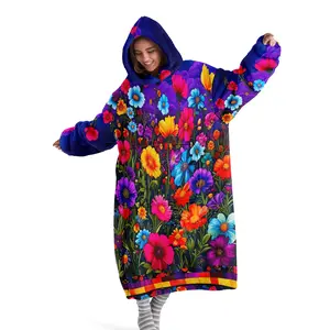 Hoodie blanket, wearable blanket, colorful floral printed hooded wearable blanket, digital printed flannel blanket, soft and warm blanket suitable for sofa cover, air conditioning blanket, nap blanket, office bed, camping trip, Valentine's Day gift