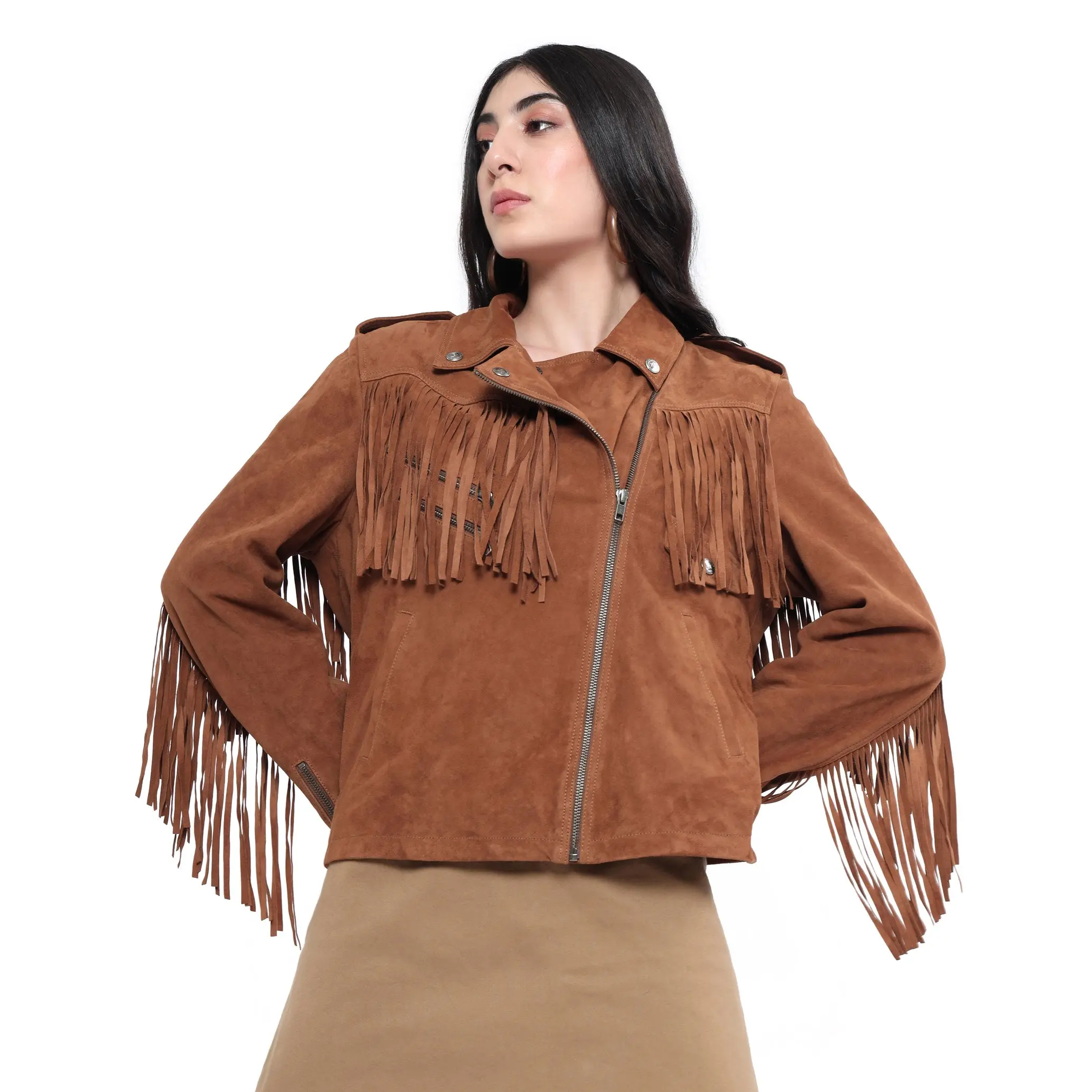 Women's Faux Leather Western Tomboy Moto Jacket - Coats with Fringe Detail, Casual, Western OOTD, Urban Cowboy, Cold Washable, Outfits, Leather & Faux Leather