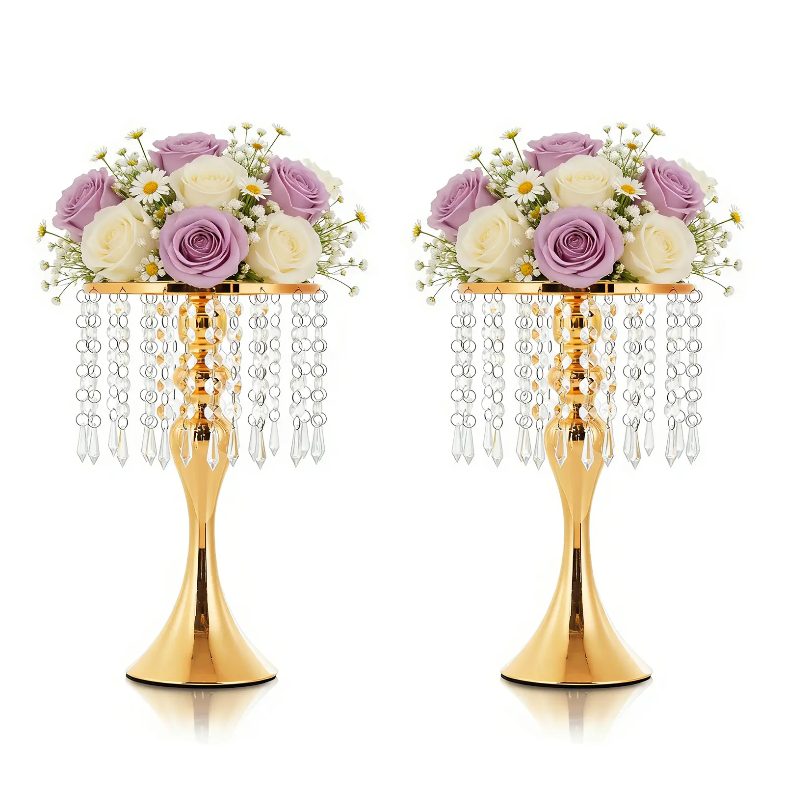 2 Pcs 13.8in Gold Centerpiece Stands for Table Wedding, Crystal Vases for Flowers, Elegant Gold Crystal Candle Holder Centerpiece for Party, Reception, Anniversary, Birthday Event and Home Table Decor