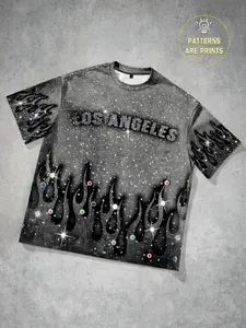 Men's Starry Sky Flame Short Sleeve T-Shirt, Los Angeles Aesthetic Geometric Shirt T-Shirt for Men and Women, European and American Streetwear Cool Casual Summer Party Nightclub Full Print Starry Sky