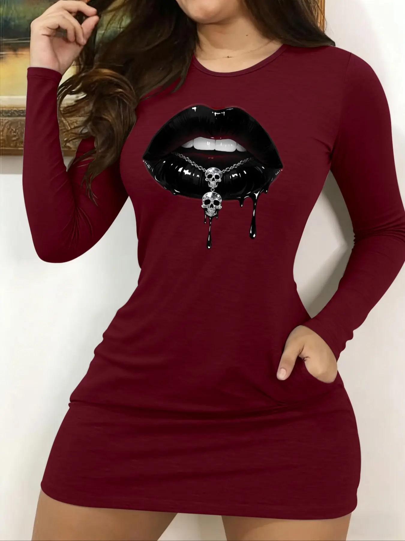 Women's Sexy Round Neck Long Sleeve Dress with Pockets, Elastic Slim Fit Washable, Halloween Lip Skull Print, All Seasons Everyday Casual Fashion Fitted Wear Womenswear Lady