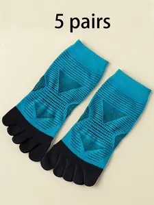 5 Pairs Men's Short Tube Socks, Five Fingers Separated Toe Socks, Striped Sports Socks, Ideal for Basketball and Soccer