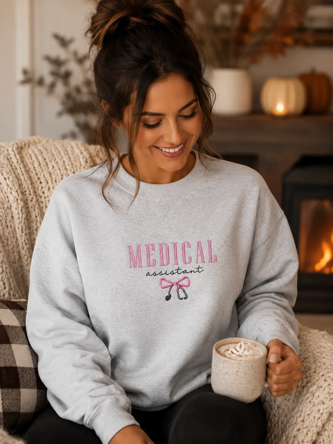 Medical Assistant Embroidered Sweatshirt | Cute Bow Stethoscope Crewneck Pullover | Healthcare Worker Gift Top