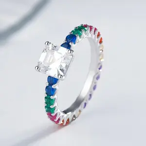 Korean version colored diamond ring, niche, light luxury design, high-end, fruit colored rainbow pure silver ring, elegant proposal ring, fashionable and versatile exquisite jewelry, birthday gift