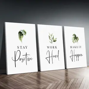 2D Flat Painting Set, Three-Piece Canvas Wall Art with Wooden Frame, Inspirational Quotes Included, Quote Prints, Minimalist Plant Leaf Design