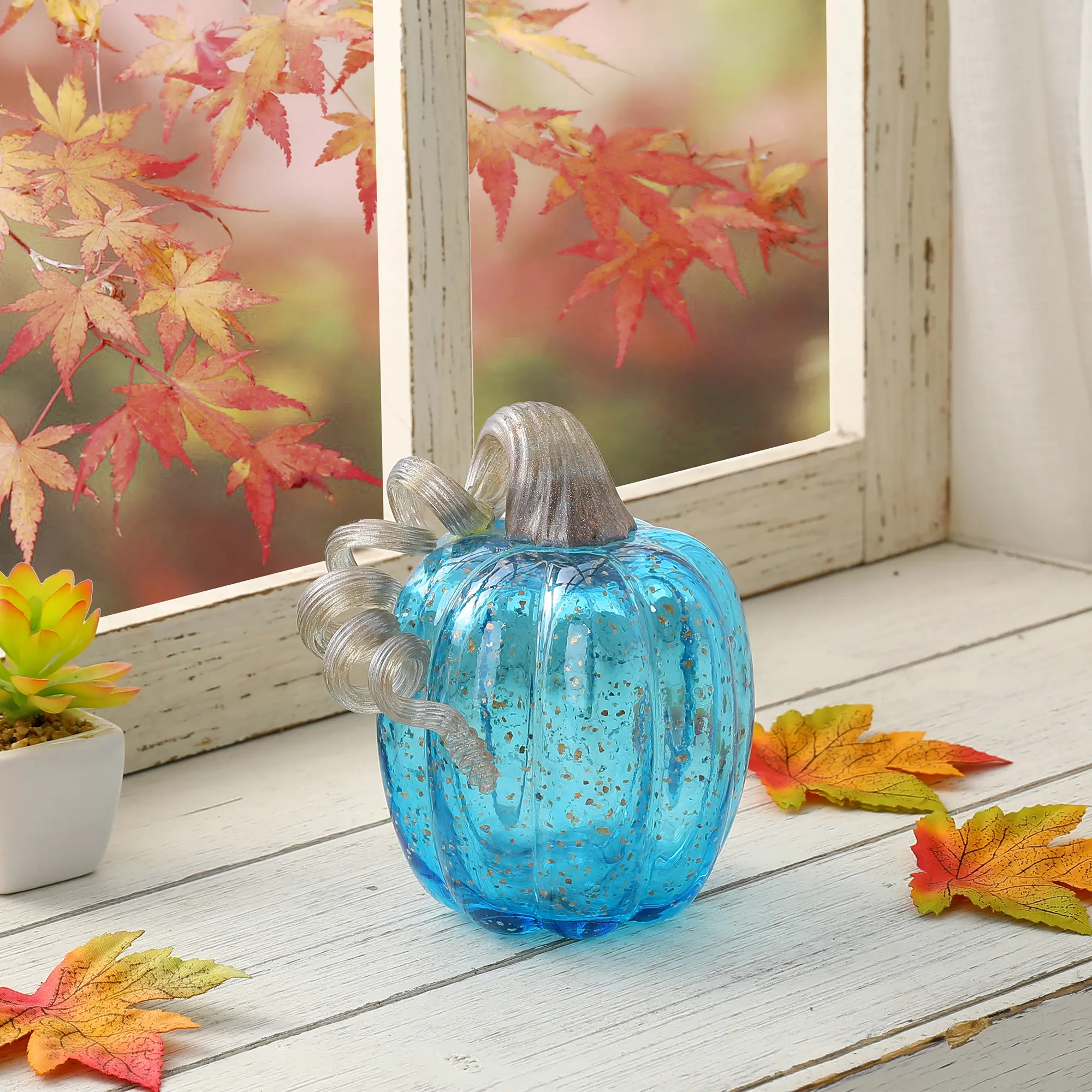 Glitzhome 6"H Blue Glass Pumpkin