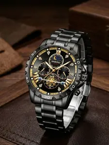 A men's black case with gold face, black steel strap, multi-dial Roman numeral minimalist and stylish quartz watch, suitable for everyday wear, versatile, trendy for students and young adults