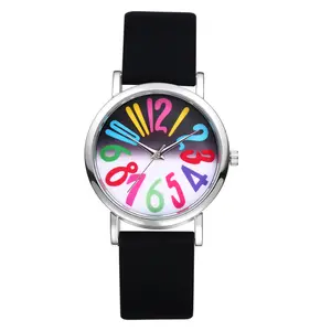 Women's Big Face Watch - Colorful Big Arabic Numbers Dial Easy to Read Quartz Watches Adjustable Silicone Wristwatch, Black Strap