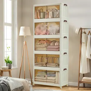 Garvee 240QT Stackable Storage Bins with Lids, Magnetic Doors & Wheels, Foldable Collapsible Plastic Storage Drawers for Home, Dorm, Office, White Closet Organizers