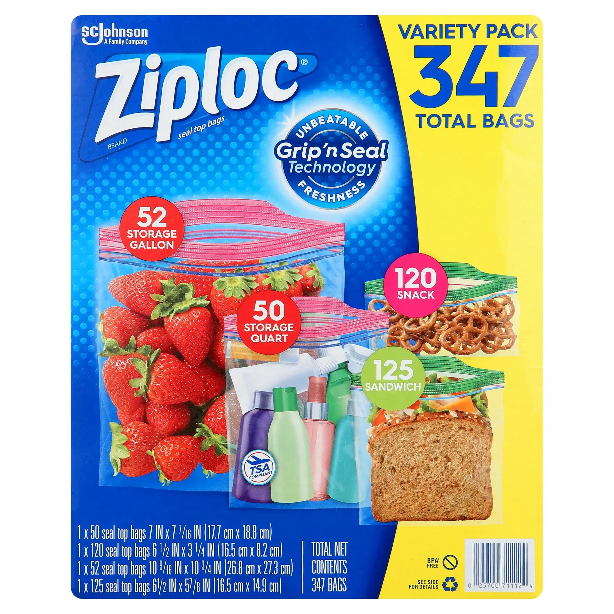 Ziploc Zipper Lock Bags Variety Pack - 347 Pieces, Assorted Sizes, Multi-Purpose Resealing Organizer Storage Supplies, Home Supplies for Food & Home Organization Needs