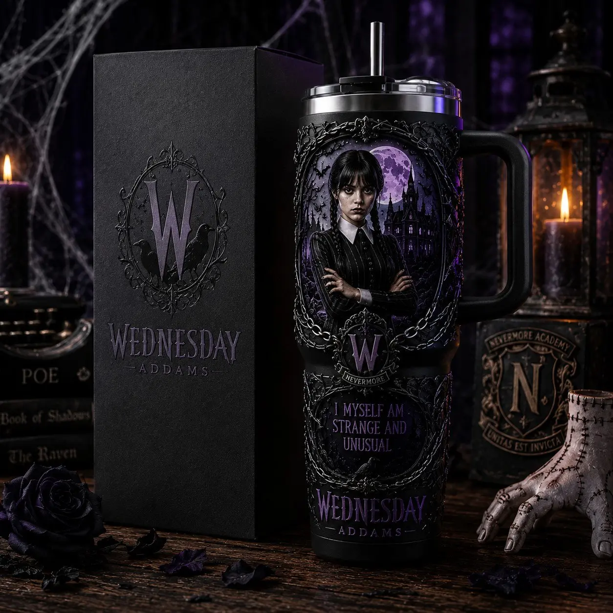 Wednesday Addams "Strange and Unusual"  Tumbler, Gothic Stainless Steel Travel Mug,  Nevermore Academy Gothic Cup, Spooky Halloween Gift for Her