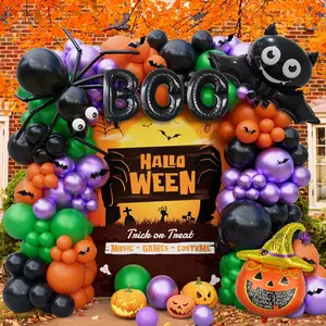 Halloween Balloon Garland Arch kit 140pcs with Happy Skeleton Pumpkin Bat Foil Balloons,Black Orange Green Purple Balloons Spider Balloons for Halloween Day Party Decorations