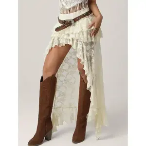 Hippie denim outfit from the 90s, ultra-low waist lace layered mini front, long back skirt, women's bottomsRAIMENTRY