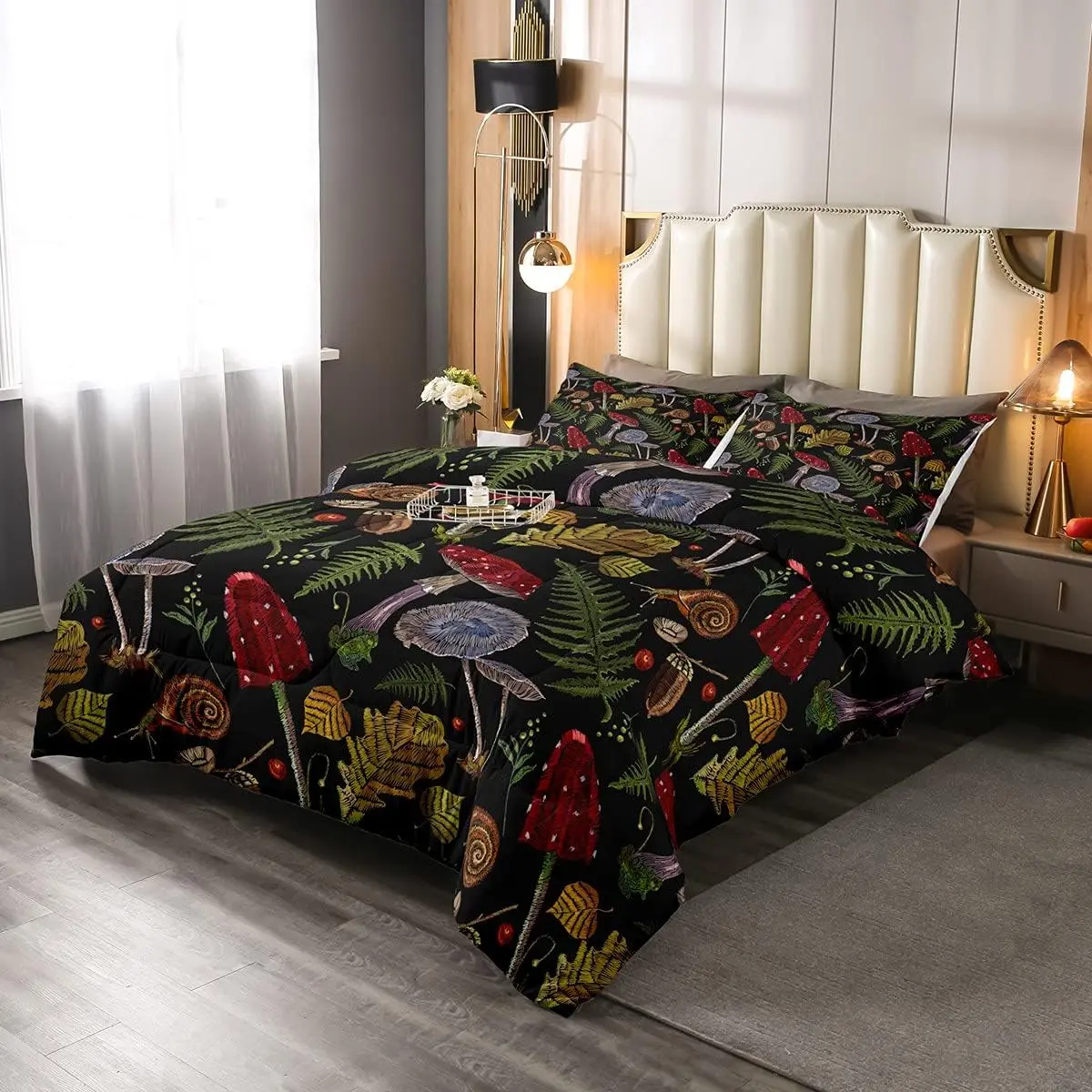 Queen Size Luxury Microfiber Duvet Bedding Quilt Set - Breathable, Nature-Inspired Wild Plant, Mushroom, Snail, Leaf Printed Bed Cover Set