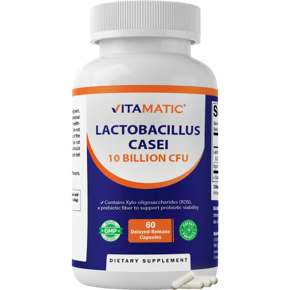 Vitamatic Lactobacillus Casei 10 Billion CFU with XOS Prebiotic, Delayed-Release Probiotic Capsules, Non-GMO, Gluten Free, 60 Capsules