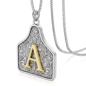 Western Vintage Engraved Ear Tag Initial Necklace - Two Tone Silver Scroll Pendant with Gold Letter A Ball Chain Jewelry