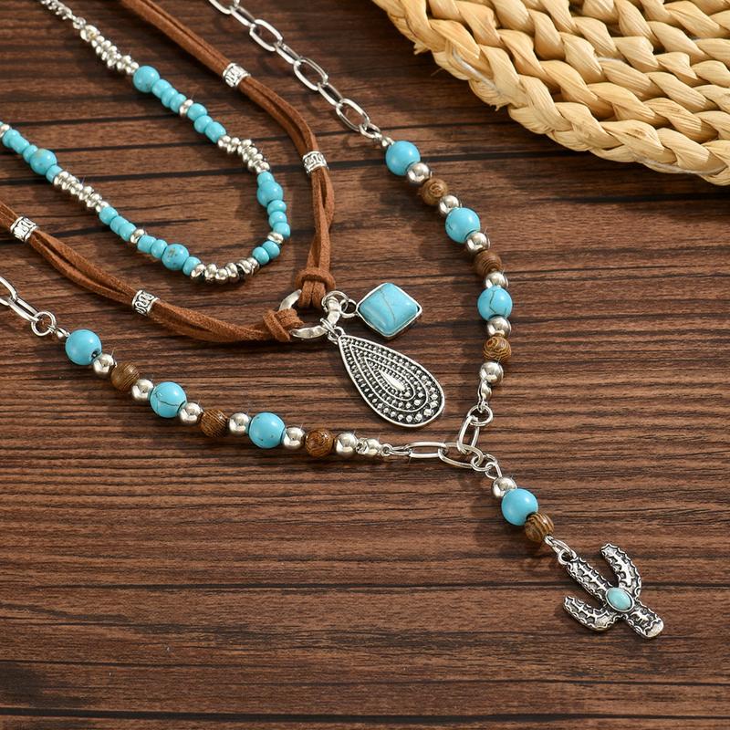 3pc Turquoise Decor Necklace For Women Western Ethnic Trendy Jewelry