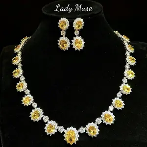 Yellow lab-created diamond set,925 silver# sun flower shape,yellow color,full inset with gems/gorgeous and sparkling,classic style