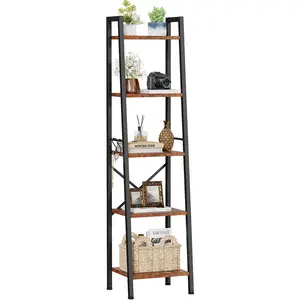 5 Tier Ladder Shelf Bookcase, Tall Narrow Bookshelf with 2 Hooks, Rustic Brown Bathroom Corner Book Shelf, Metal  Book Case Standing Unit, Display Shelf for Living Room Office Kitchen