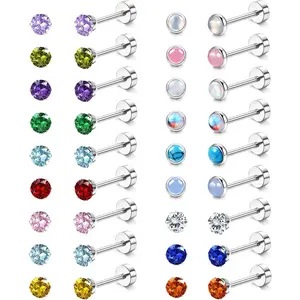 Besteel  Flat Back Earrings Hypoallergenic Stainless Surgical Steel Screw Back Stud Earrings for Women Men 20G Tiny CZ Opal Birthstone Nap Cartilage Flatback Earrings Set Jewelry