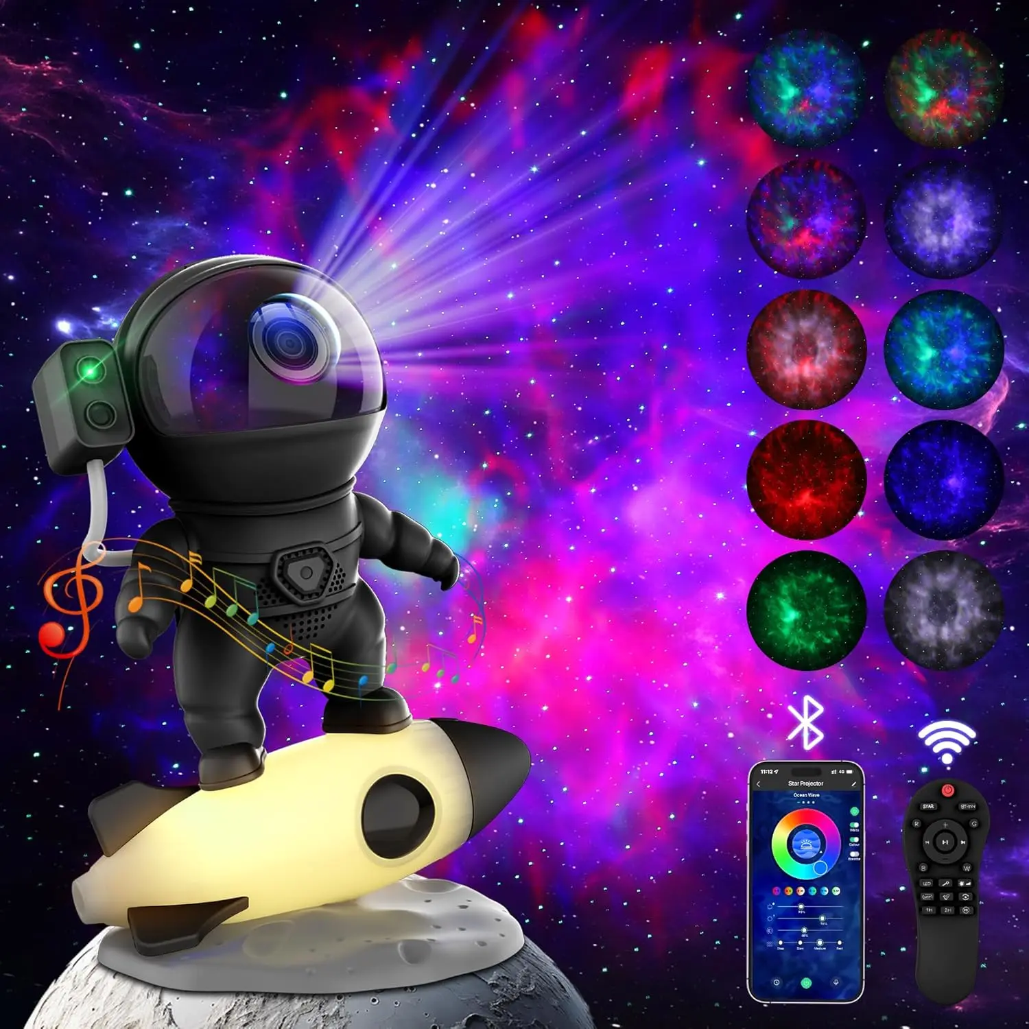 GJ F-PNC01 Unisex Plastic Astronaut Night Light Projector - Wireless Space Indoor Gaming Star Rocket Lamp, 360° Adjustable Magnetic Head, 4 Adjustable Brightness, Bluetooth Speaker, Timer, Rhythm White Noise, Remote & APP Control, Gift Idea