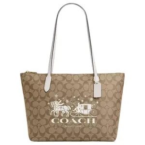 Coach Zip Top Tote 30 Classic Carriage Pattern Large Coated Canvas and Smooth Leather Tote Bag for Women, Khaki