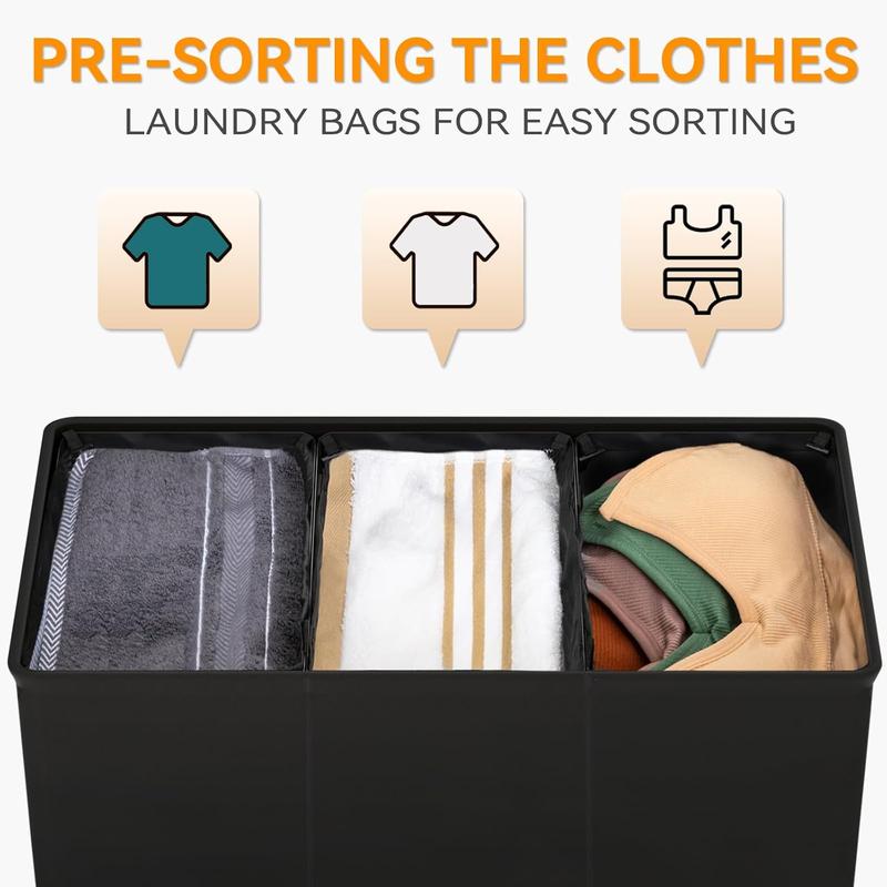 180L Laundry Hamper with Lid 3 Section,Large Laundry Basket with Removable Bags and Handles,Collapsible Dirty Clothes Hampers for Laundry,Laundry Basket Organizer for Laundry Room,Dorm,Black