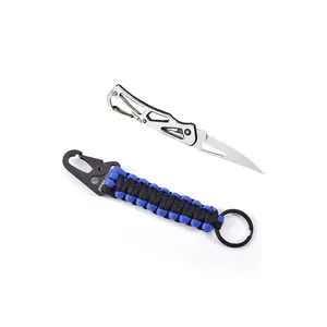 Stainless Steel Folding Knife Set with Blue Keychain Carabiner, Portable Camping Tool, Sharp Blade, Outdoor Survival Gear, Survival Tools
